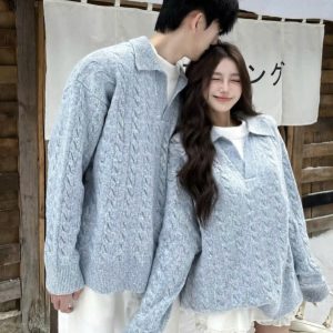 Set áo len đôi xanh pastel vặn thừng